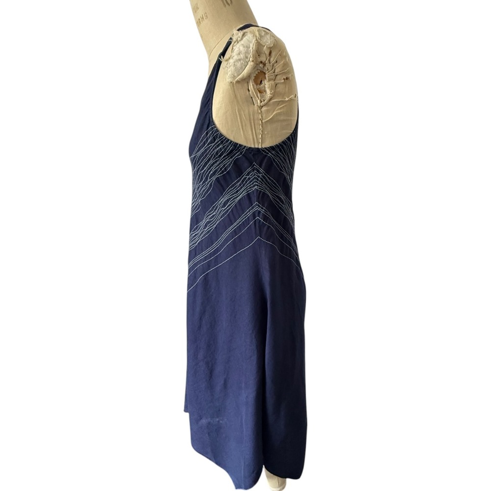 Eileen Fisher Irish Linen Dress Size M Navy Stitched Handkerchief Hem V Neck - Picture 5 of 13
